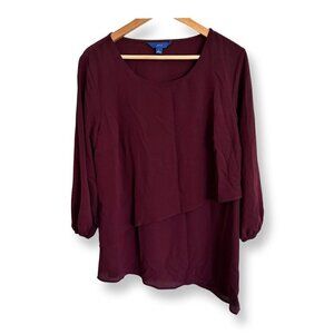 NEW Apt.9 Women's Burgundy Wine Top Blouse With Tiered Overlay Large 3/4 Sleeves